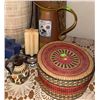 Image 3 : Decor Lot: Tall Ceramic Vase, Spoons in Case, Pitcher, Candles, Basket, Figurines