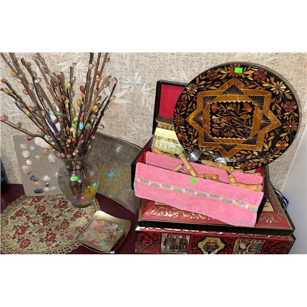 Decorative Wooden Tray, Cutlery Set, Red Tin Box, and Mixed Table Decor Group
