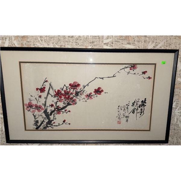 Framed Chinese Watercolour Plum Blossom Painting with Calligraphy