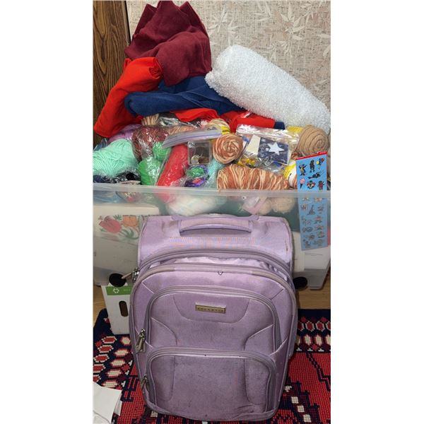 Craft Storage Bin with Yarn, Notions, Supplies and Purple Carry-on Suitcase