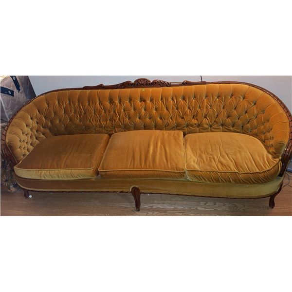 Carved Wood Frame Sofa with Tufted Gold Velvet Upholstery