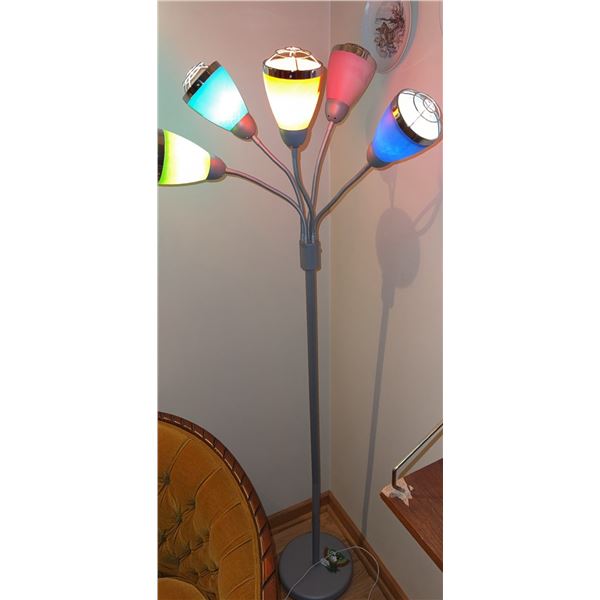 Five-Light Floor Lamp with Multi-Coloured Plastic Shades and Grey Metal Base