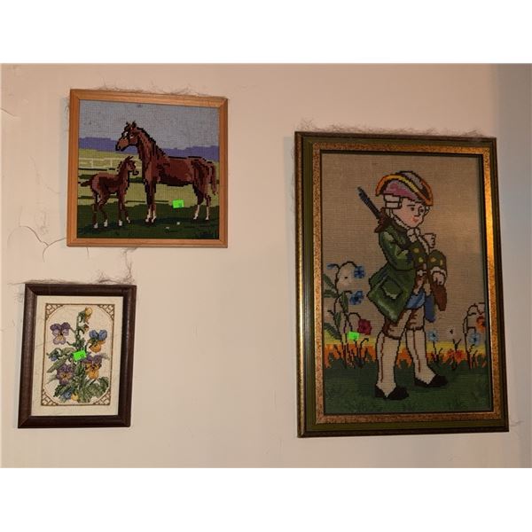 Three Framed Needlepoint Pictures: Horses, Figure in Green Coat, Floral Motif
