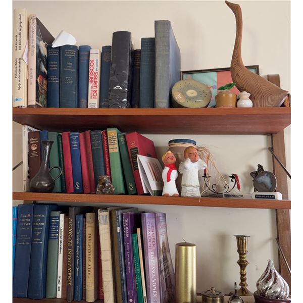 Books Two Wooden Shelves Plus Decorative Items Including Bird Figurine