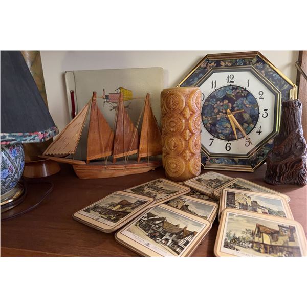 Lot: Model Sailboat, Mantel Clock, Candles, Decorative Cards, and Table Lamp