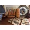 Image 1 : Lot: Model Sailboat, Mantel Clock, Candles, Decorative Cards, and Table Lamp