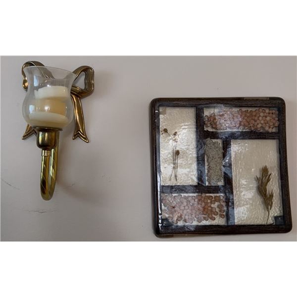 Wall Hooks: Brass Bow Sconce with Glass Holder and Square Botanical Resin Plaque