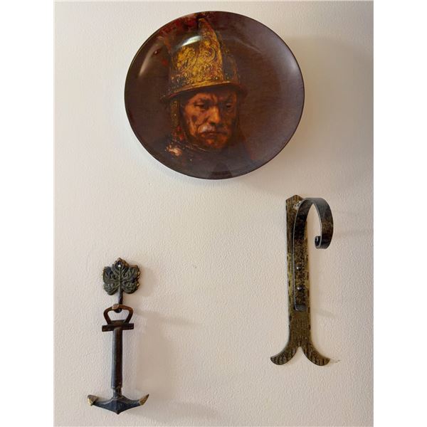 Decorative Plate with Warrior Portrait, Anchor Key, and Metal Wall Hook