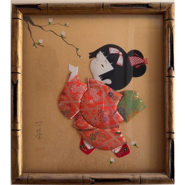 Framed Japanese Doll Art With Fabric Kimono and Hand-Painted Background