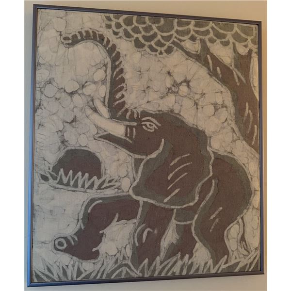 Framed Batik Textile Art Depicting Elephant Under Tree
