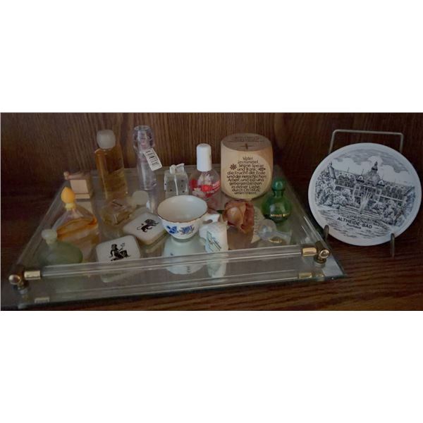Mini Perfume Bottles, Decorative Items, Plate and Glass Tray Lot