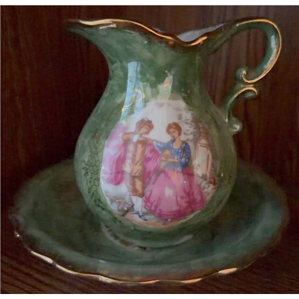 Porcelain Pitcher and Bowl Set with Gold Trim and Romantic Scene, Green Glaze
