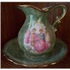 Image 1 : Porcelain Pitcher and Bowl Set with Gold Trim and Romantic Scene, Green Glaze