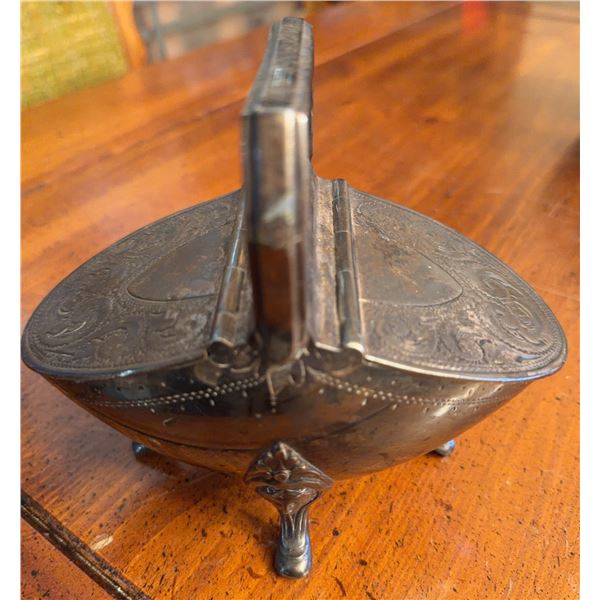 Engraved Silver Metal Hinged Box on Three Feet Oval Shape Ornamental Lid