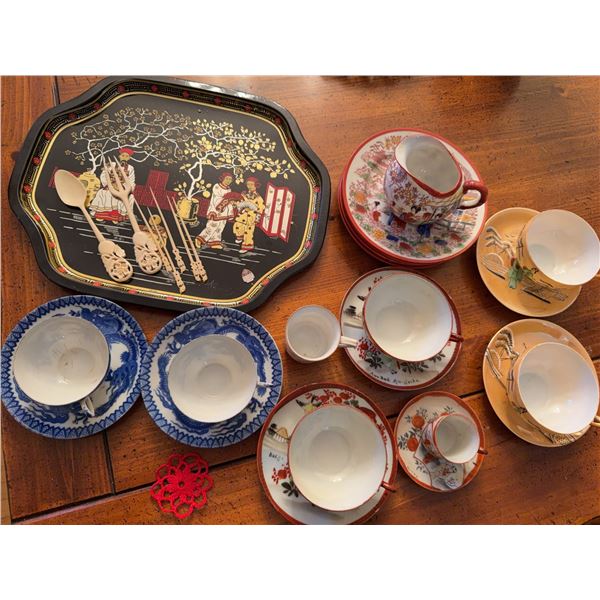 Asian Porcelain Teacup Sets, Tray, and Ornate Serving Utensils