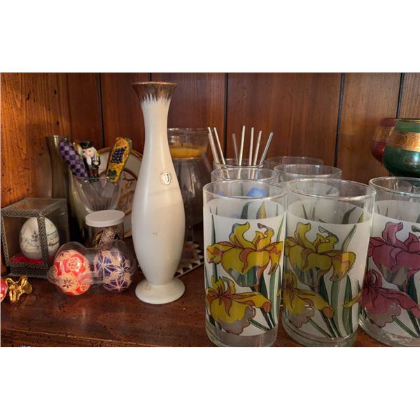 6 Floral Frosted Glasses with Yellow and Pink Iris Motif