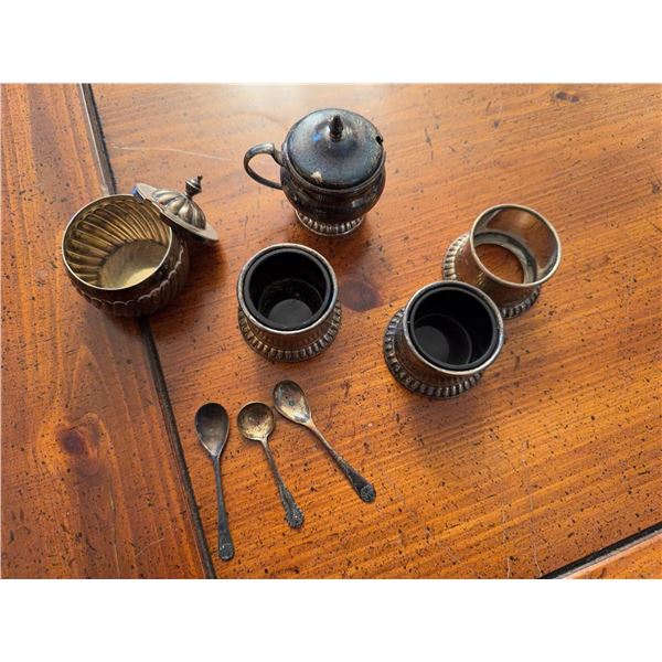 Birks Sterling Silver Open Salt Cellars, Lidded Mustard Pot, Condiment Bowl and Spoons