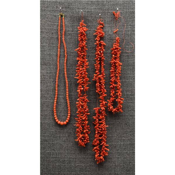 THREE CORAL NECKLACES AND ONE BEAD NECKLACE