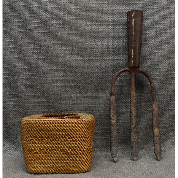 NOOTKA/ MAKAH BASKET AND FISHING SPEAR