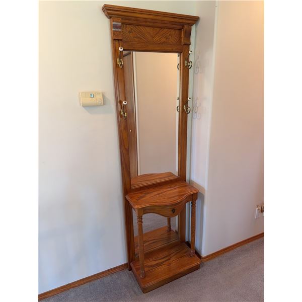 Oak Hall Tree With Mirror and Storage Drawer