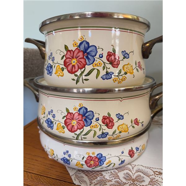 Floral Enamel Pots and ChefsMate Pan
