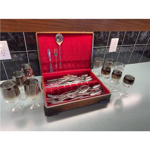 Stainless Rose Flatware Set and Silver Rim Glasses