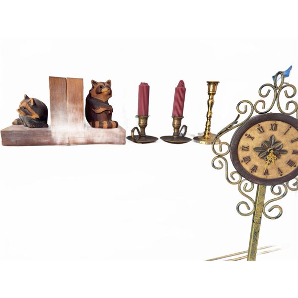Wood Raccoon Bookends, Brass Candlesticks, Clock