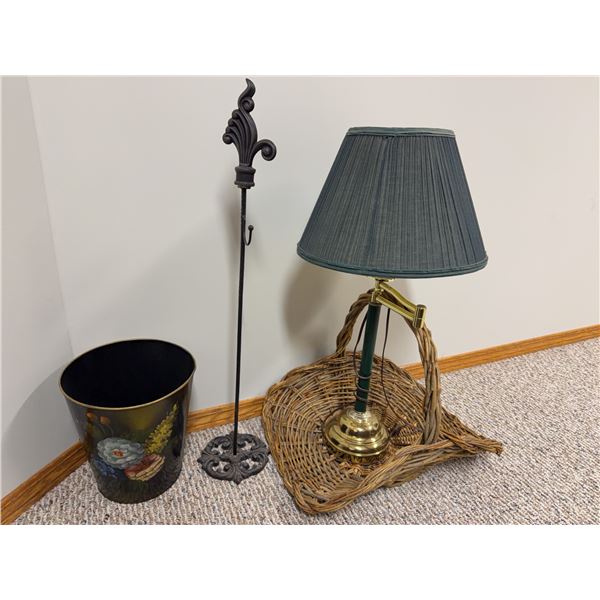 Decorative Bin, Iron Stand, Brass Lamp and Wicker Basket