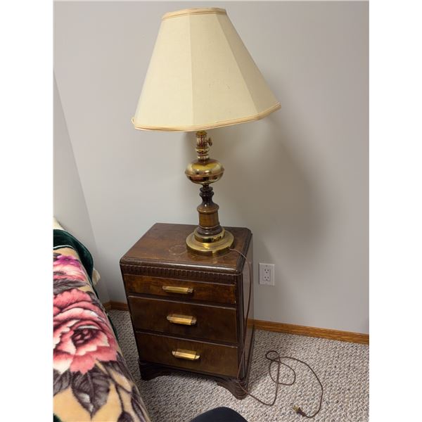 Wood Nightstand With Brass Table Lamp