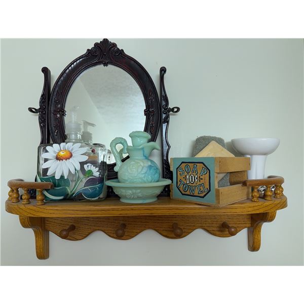 Wood Shelf With Mirror and Bath Accessories