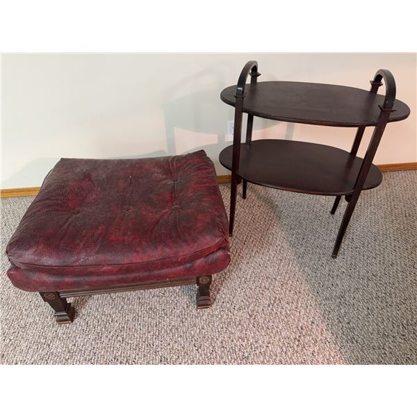 Red Leather Ottoman & Two-Tier Wood Table