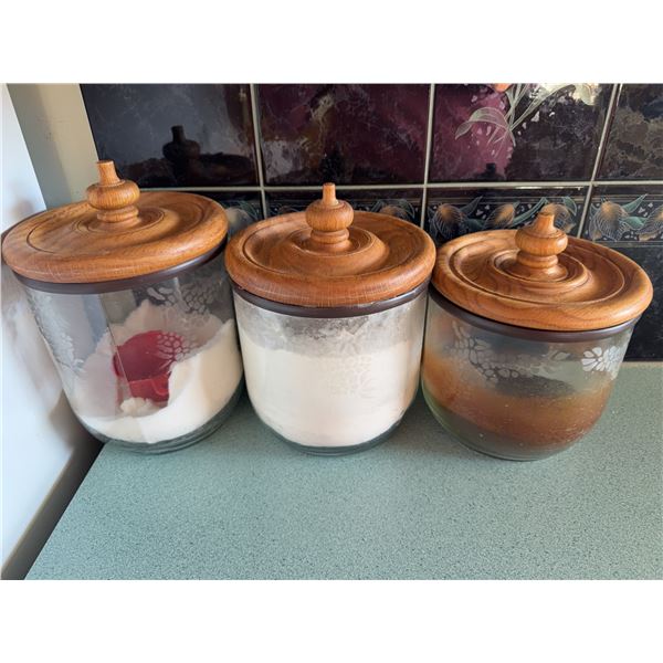 3 Glass Canisters With Wood Lids