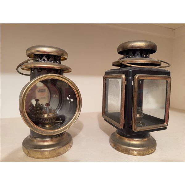 Pair Antique Brass & Glass Carriage Lanterns