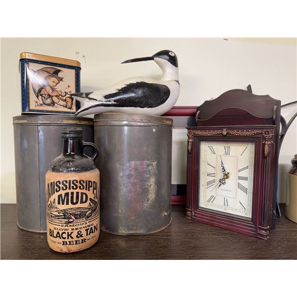 Mississippi Mud Jug, Tins, Clock, Bird Figure