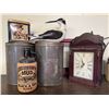 Image 1 : Mississippi Mud Jug, Tins, Clock, Bird Figure