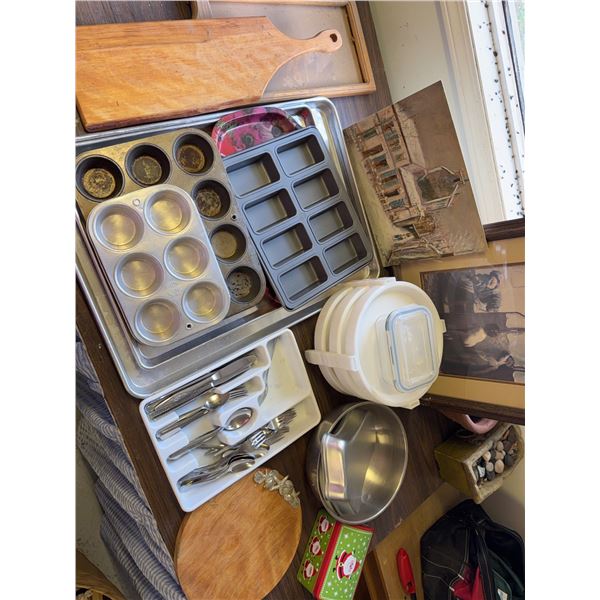 Kitchenware Lot: Bakeware, Flatware, Cutting Board