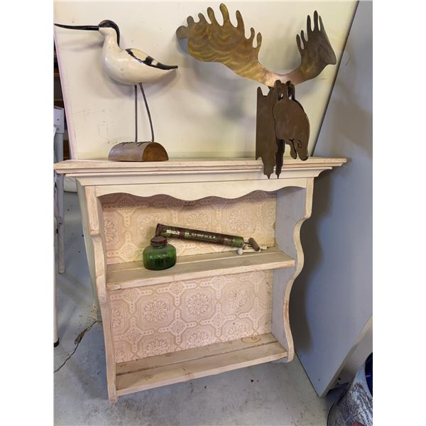 Group: Wall Shelf, Avocet Figure, Metal Moose