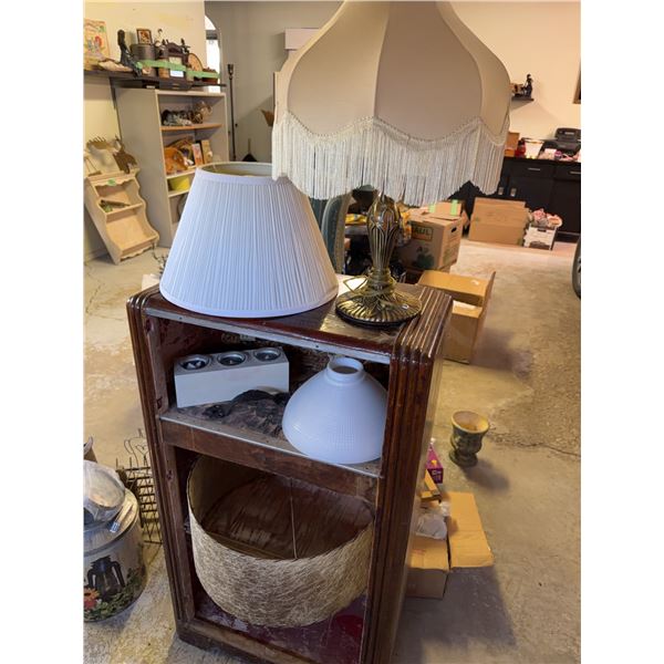 Brass Table Lamp, Wood Shelf, and Lamp Shades