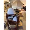 Image 1 : Brass Table Lamp, Wood Shelf, and Lamp Shades