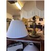Image 2 : Brass Table Lamp, Wood Shelf, and Lamp Shades