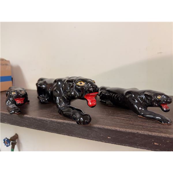3 Ceramic Black Panther Figurines Japan
