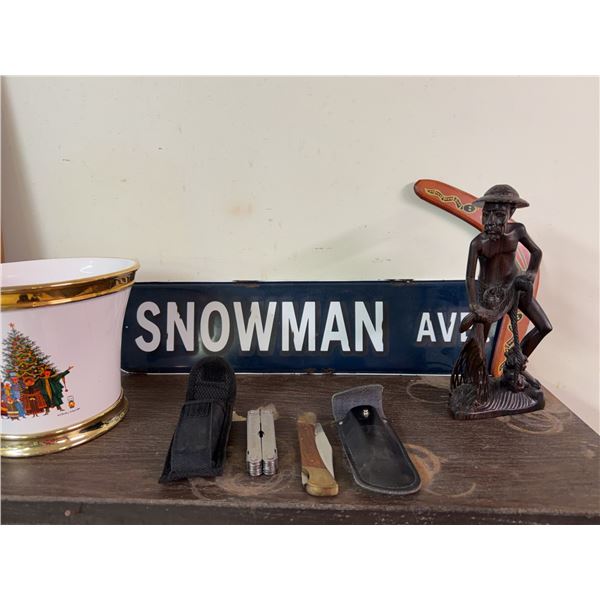 Snowman Ave Sign, Knives, Planter, Wood Figure