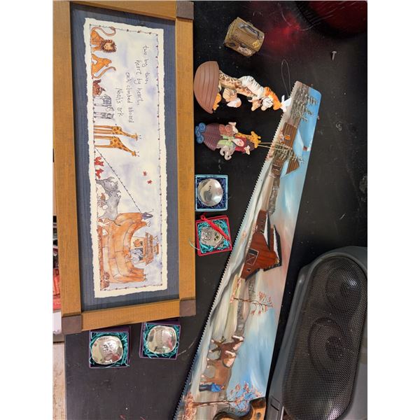 Decor Lot: Framed Art, Painted Saw, Figurines