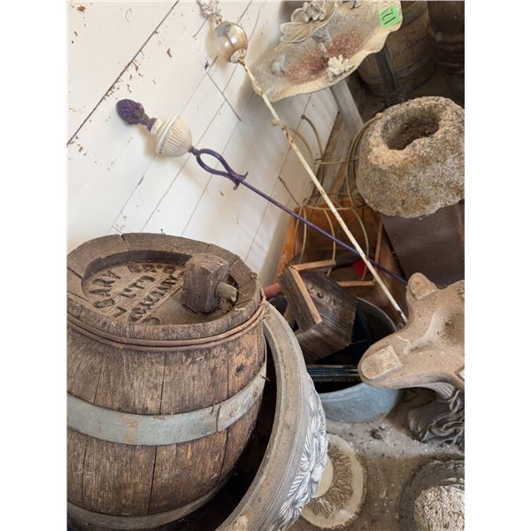 Garden Decor Lot With Barrel, Birdhouse, Planters, Birdbath