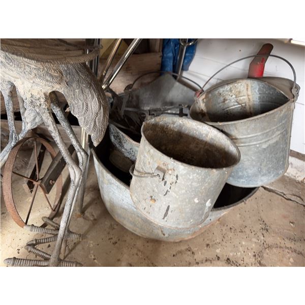Galvanized Pails And Metal Crane Garden Sculptures