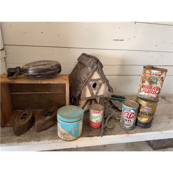 Vintage Tins, Irons, and Canteen