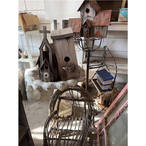 Rustic Wooden Birdhouses, Willow Chair, Concrete birdbath and plant stand.
