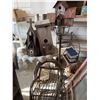 Image 1 : Rustic Wooden Birdhouses, Willow Chair, Concrete birdbath and plant stand.