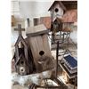 Image 2 : Rustic Wooden Birdhouses, Willow Chair, Concrete birdbath and plant stand.