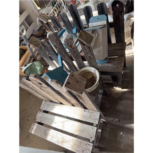 Three Wooden Bird Benches, Bird Boxes, Bowl